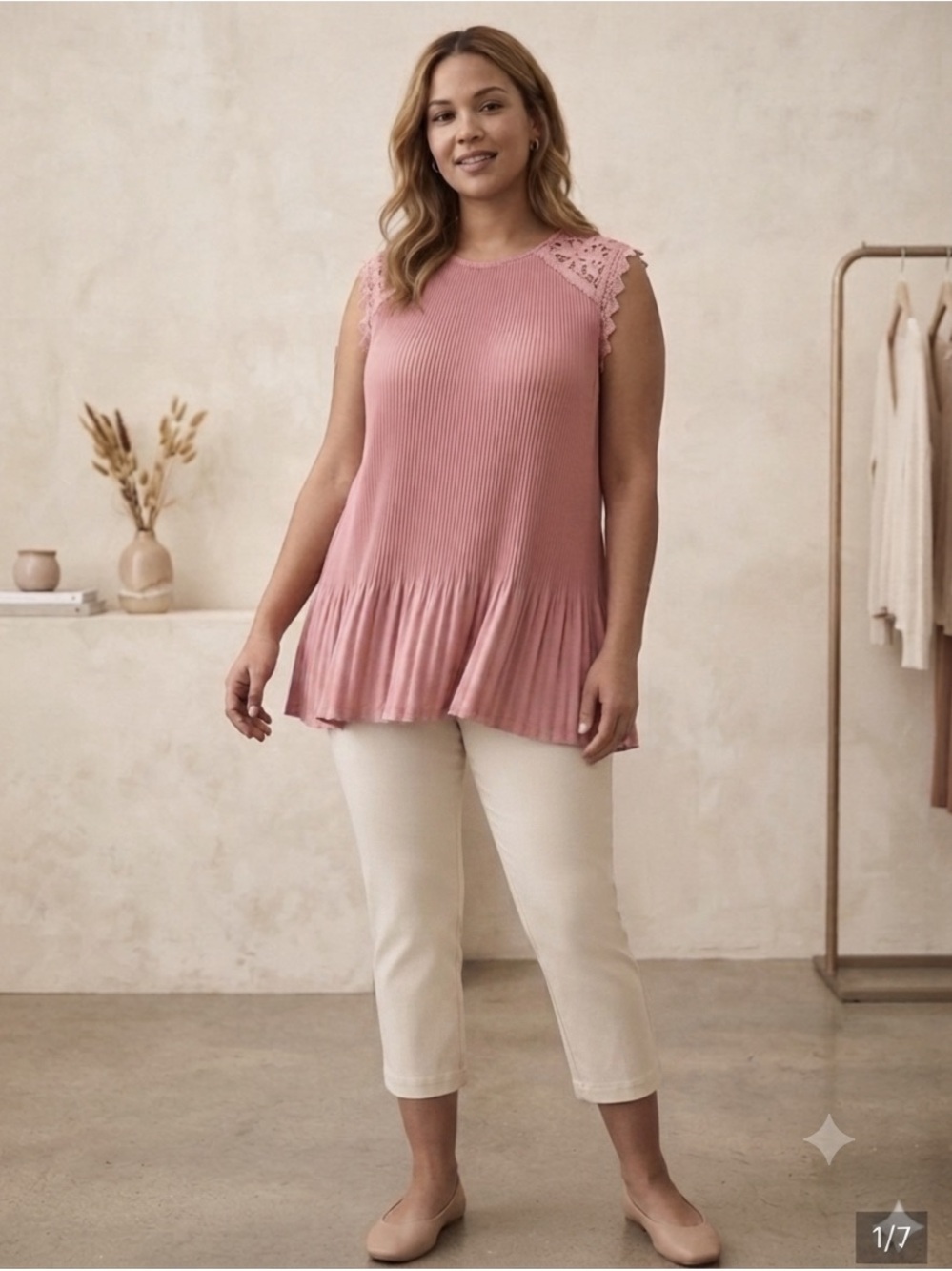 NWOT Sleeveless Lace Yoke Pleated Coral Swing Top